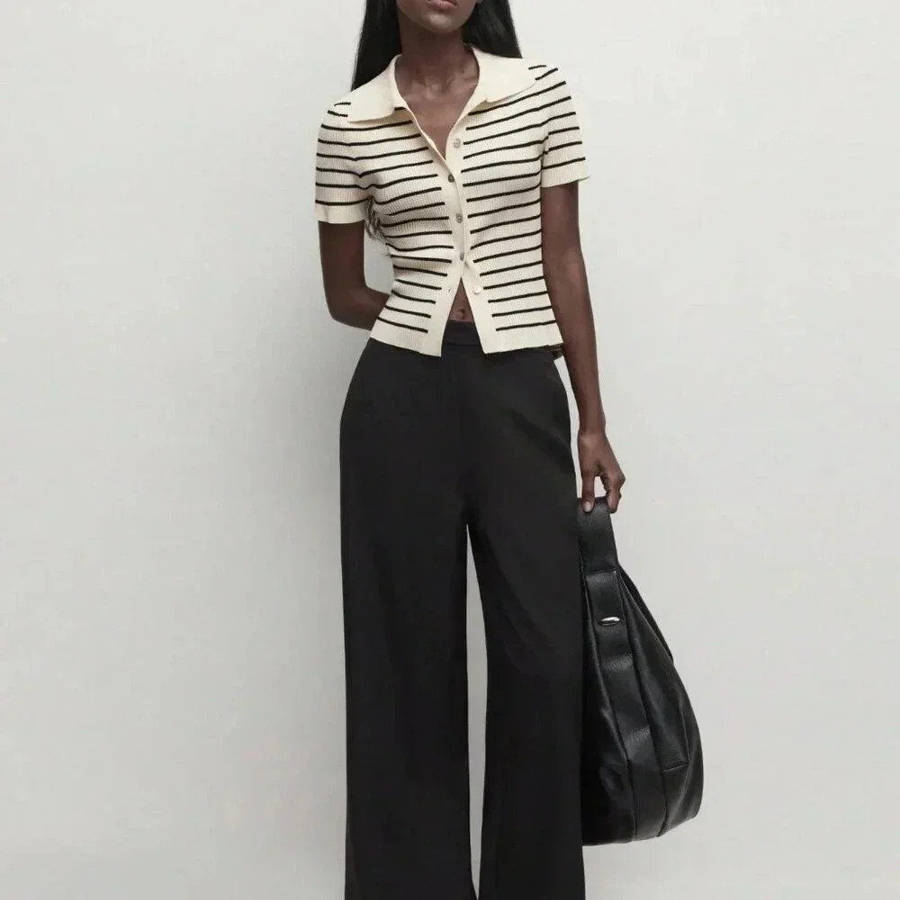 Apricot Casual Women's Lapel Striped Button Knitted Sweater